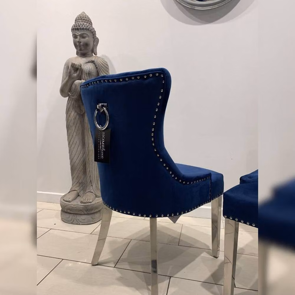 Home Luxe Interior Aydin Royal Blue Velvet Dining Chairs with Chrome Legs and Ring Knocker, Pair – 2