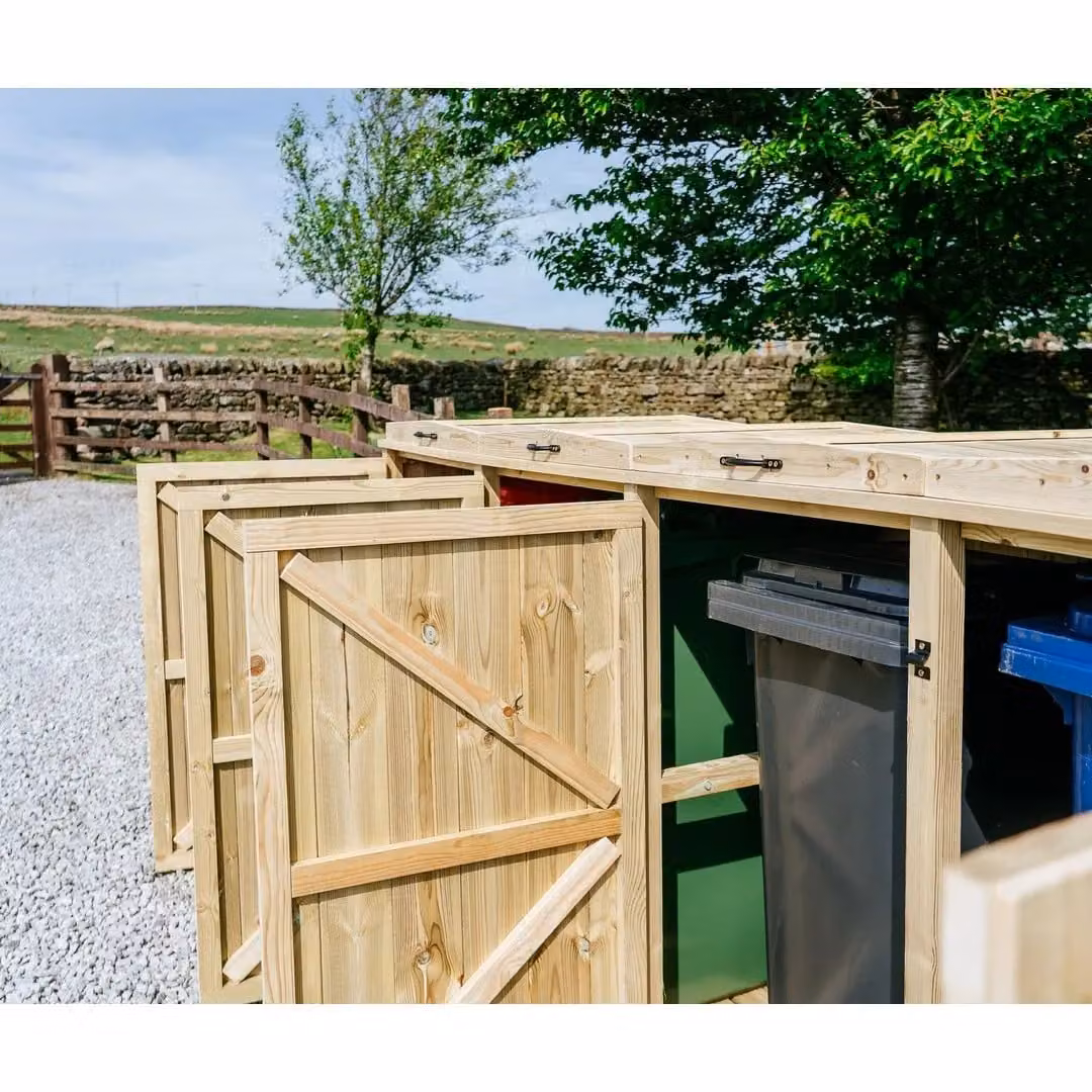 Buttercup Farm Chatburn Sextet Wheelie Bin Store in Brown, Fits 1x 180L or 240L and 5x 140L Bins, W/D/H: 367 x 149 x 120 cm – 4