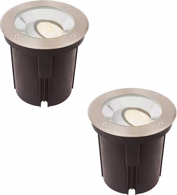 Loops 2 Pack Silver Stainless Steel IP67 Ground Recessed LED Garden Lights with Adjustable Warm White Tilting Heads – 1