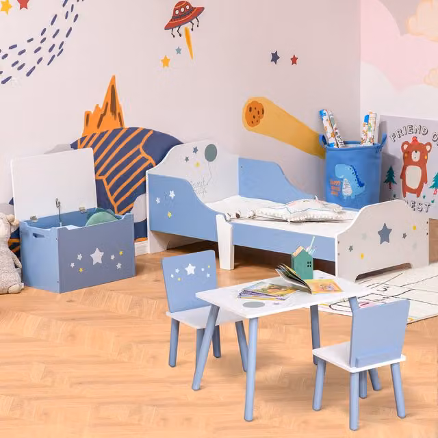 HOMCOM Kids Furniture Set with Single Bed Frame, Storage Chest, Table and Chairs in Blue and White