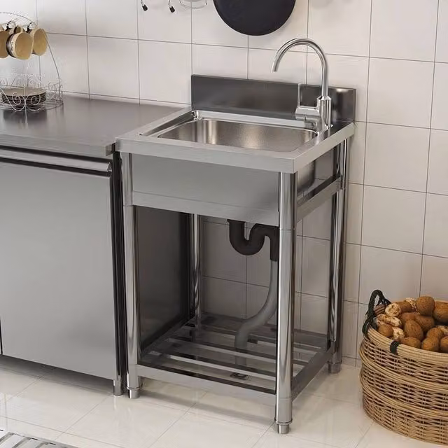 EONLION Commercial Stainless Steel Catering Sink in Silver, W: 100 cm, L: 200 cm