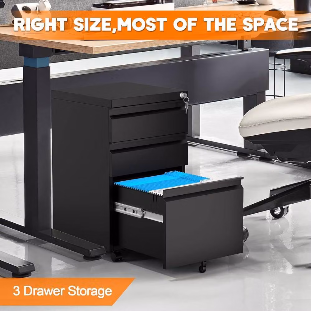 London Boutique Mobile Office Filing Cabinet with 3 Lockable Drawers in Black – 3