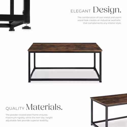tectake Lynch Rectangular Coffee Table with Industrial Metal Frame and Height-Adjustable Feet in Dark Brown, W: 100 cm, D: 55 cm, H: 45.5 cm – 4