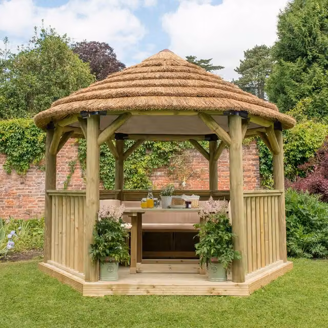 Forest Hexagonal Garden Gazebo with Rustic Thatched Reed Roof and Pine and Steel Frame, Cream