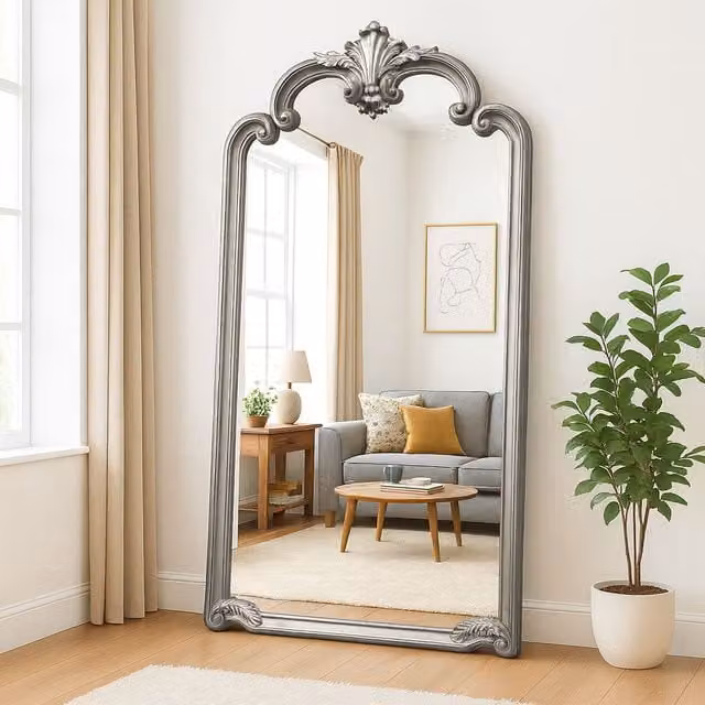 Agenzia 14 Extra Large Ornate Frame Leaner Wall Mirror in Antique Silver, H 184 cm x W 104 cm – 1