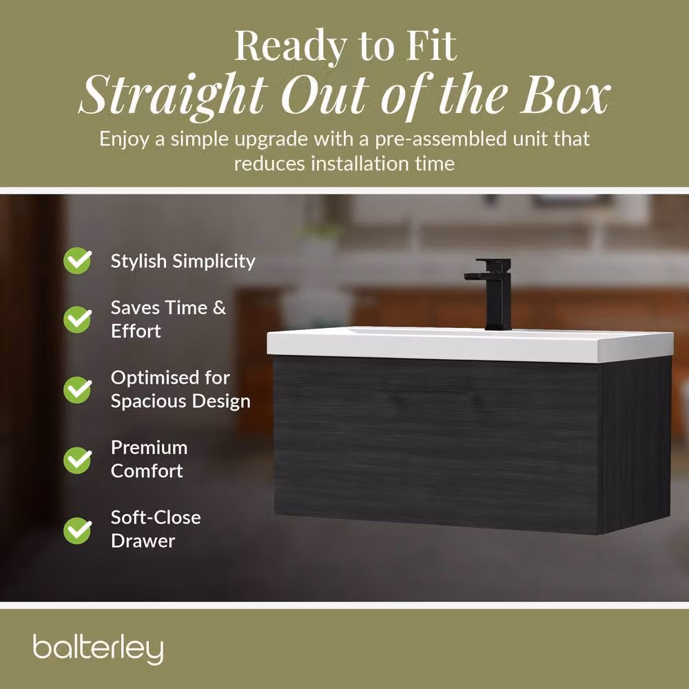 Balterley 800mm Wall Hung 1 Drawer Vanity Unit in Woodgrain Black with Black Handle – 4