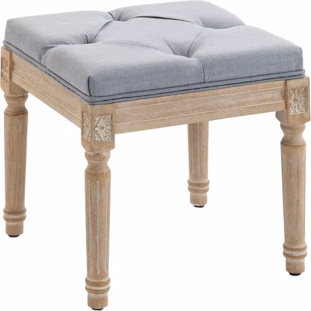 HOMCOM Vintage Tufted Square Foot Stool in Light Grey with Wood Legs