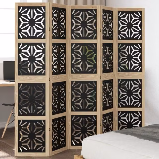 Berkfield Home 5-Panel Geometric Room Divider in Brown and Black Solid Paulownia Wood