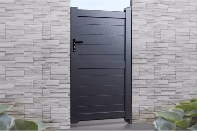 Ready Made Grey Pedestrian Swing Gate with Horizontal Solid Infill and Flat Top, W: 90 cm, H: 180 cm – 1