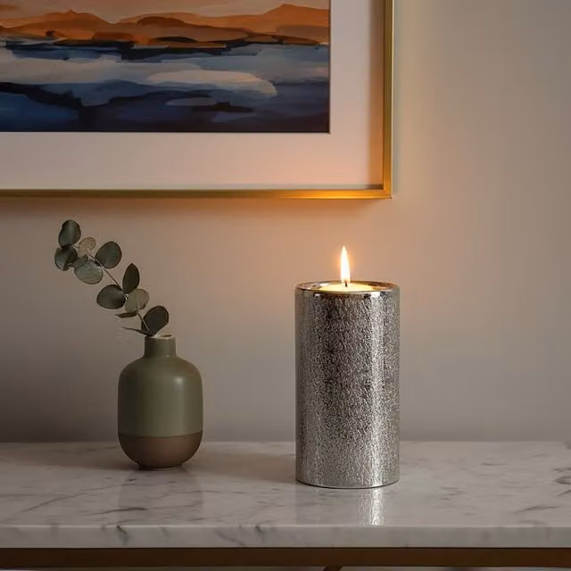 Orsina Safia Large Pillar Candle Holder, Silver Metal Tabletop Design