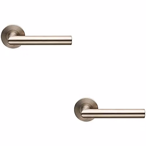 Loops Pair of Straight Mitred Bar Door Handles with Slim Round Rose in Brushed Silver Stainless Steel, Concealed Fix