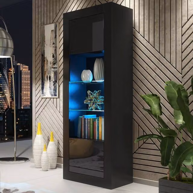 Mex Furniture LTD Illume Display Cabinet in Black with Glossy Glass Doors and Integrated LED Lighting, H 170 x W 63 x D 35 cm – 1