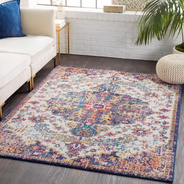 Livabliss Harput Vintage Boho Living Room Rug in Navy, Blue, Orange, Yellow and Grey, W: 200 cm, L: 275 cm