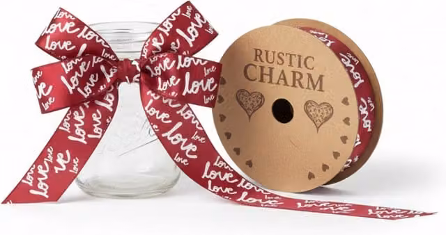 Kingsbury Gifts Red Script Love Satin Ribbon with Heart Theme, W: 2.5 cm, Length: 10 m
