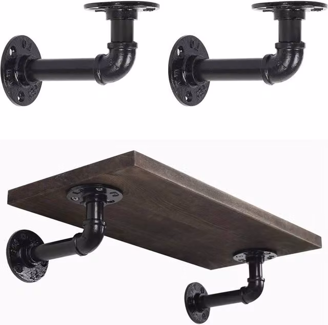 VOGREX 4-Piece Industrial Rustic Floating Shelf Pipe Storage Kit in Matt Black Metal – 1