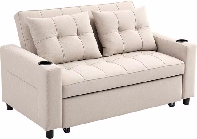 ERGOVEXA Two-Seater Pull-Out Sofa Bed in Beige with Fabric Upholstery and Metal Frame