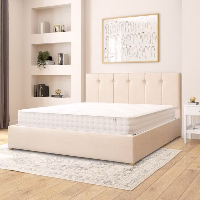 Aspire Hepburn Fabric Ottoman Storage Bed in Beige and Yellow Malham Weave, W/D/H: 200 x 200 cm