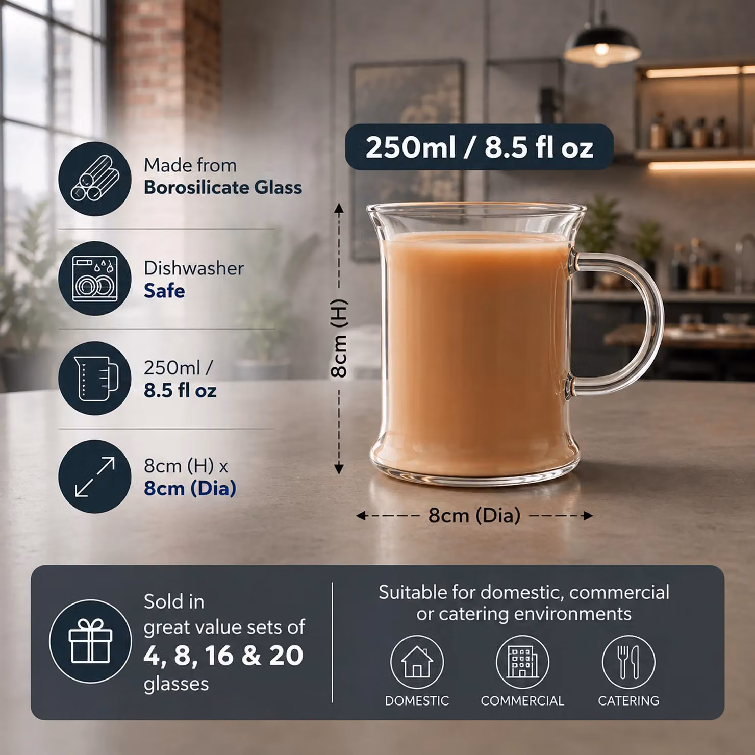 Randwyck Smilla Set of 8 Borosilicate Glass Coffee Cups, 250 ml, Clear – 3