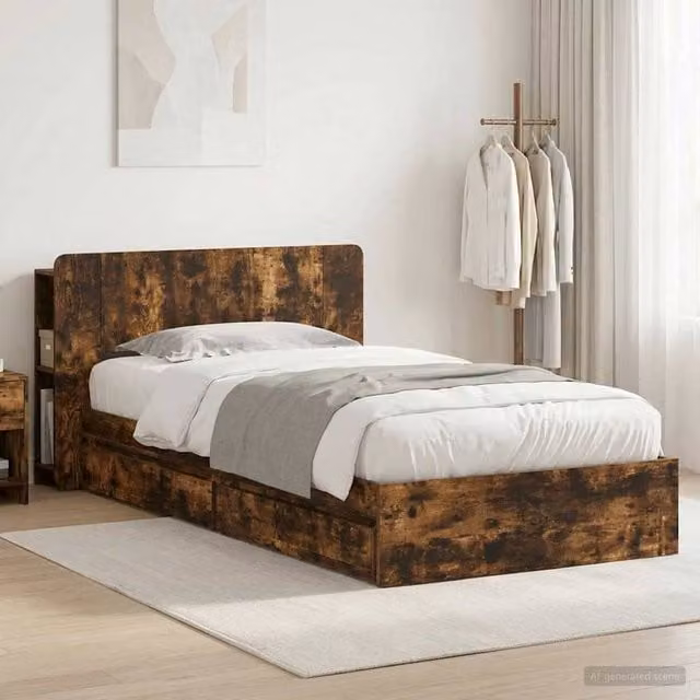 Berkfield Home Modern Bed Frame with Storage Drawers in Smoked Oak Brown, W/D/H: 100 x 200 cm