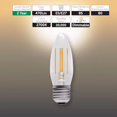BELL Lighting E27 Dimmable LED Filament Candle Bulbs, Warm White, 4.5W, Pack of 6 – 2