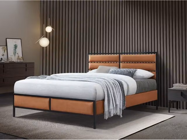 Bed Factory Direct Venice Double Bed Frame in Tan Synthetic Leather and Microfibre