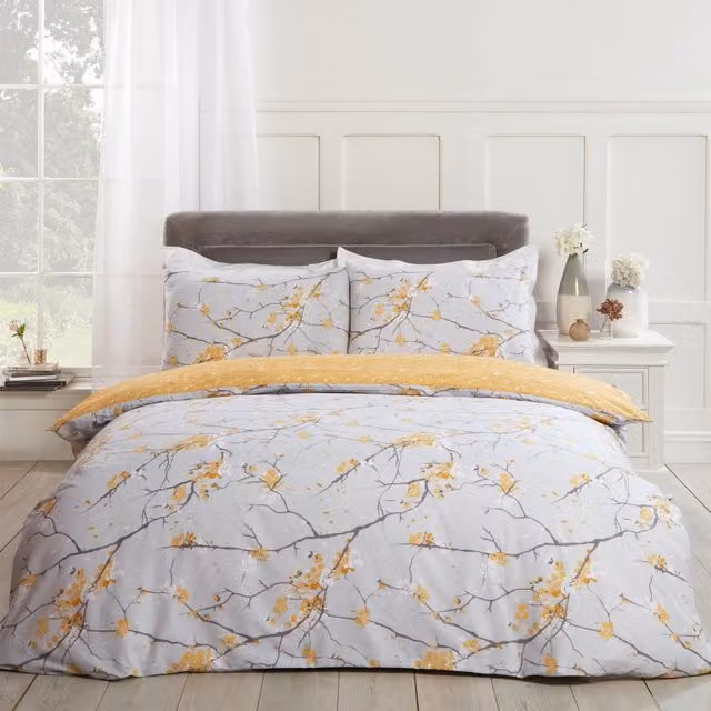 Dreamscene Spring Blossoms Floral Print Reversible Duvet Cover and Pillowcase Set, Yellow and Multicolour, W: 140 cm, L: 200 cm