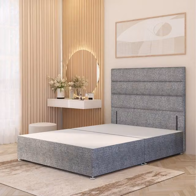Horizona Grey Velvet Upholstered Divan Bed Base with Floor Standing Headboard W/D/H: 90 x 190 x 34.5 cm