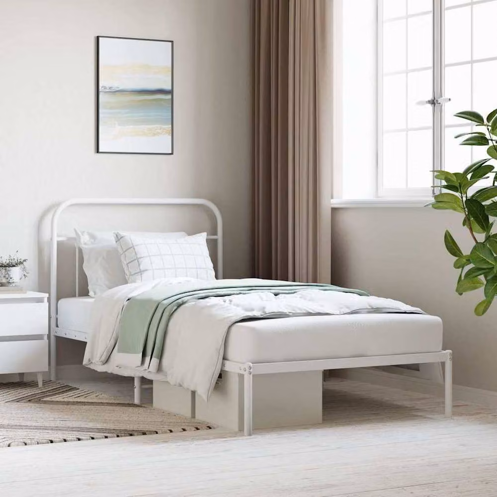 Berkfield Home Metal Bed Frame with Headboard in White, W: 107 cm, L: 203 cm – 2