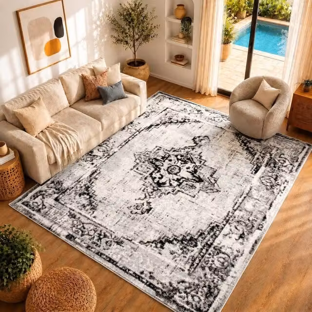 Livabliss Pisa Vintage Boho Living and Dining Rug in Black, Grey and White, W/D/H: 150 x 210 cm – 1