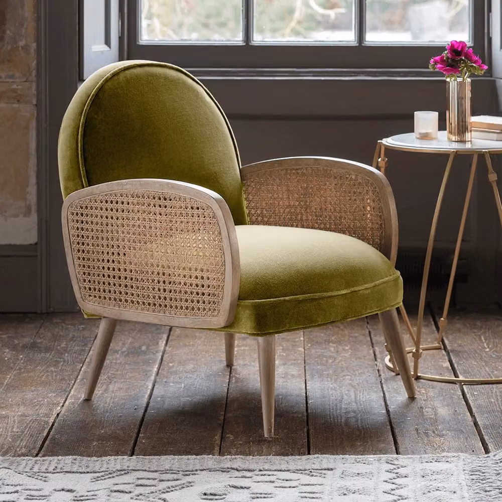 Atkin & Thyme Emmeline Art Deco Tub Armchair in Apple Green Velvet
