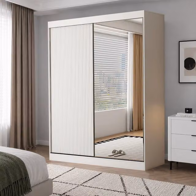 KDMD Berlin 200cm White Matt Sliding Door Wardrobe with Internal Shelves and Hanging Rail – 1