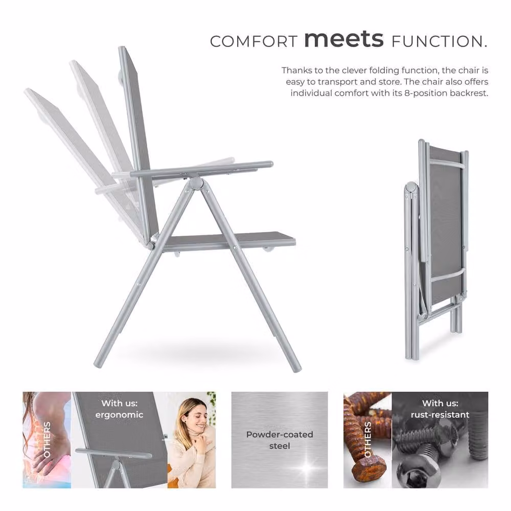 tectake 6-Person Folding Garden Chairs with Adjustable Backrests and Armrests in Silver Mesh Fabric – 2