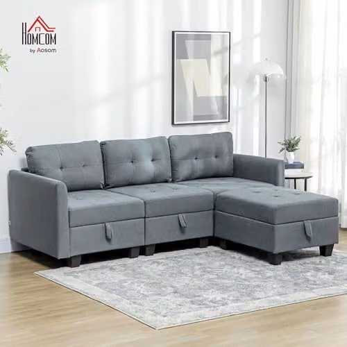 HOMCOM Convertible Modular L-Shape Sectional Sofa with Storage and Sleeping Function, Grey Fabric Upholstery with Solid Wood Frame – 2