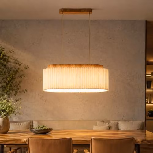 Globo Lighting Jannie Bar Pendant Ceiling Light in Brown and Beige with Wood and Fabric Shade, Height Adjustable, 3x E27 – 2