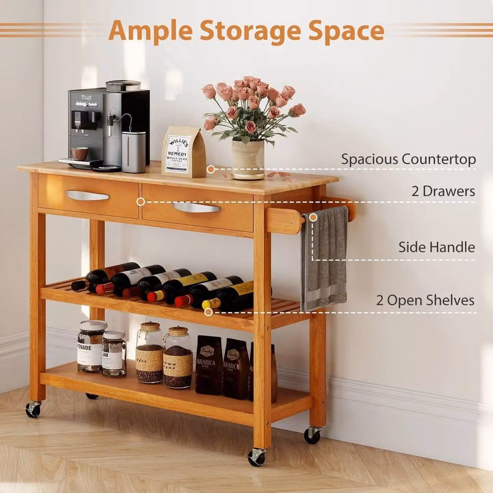 VOGREX 3-Tier Rolling Kitchen Cart with 2 Drawers in Rustic Brown Wood – 3