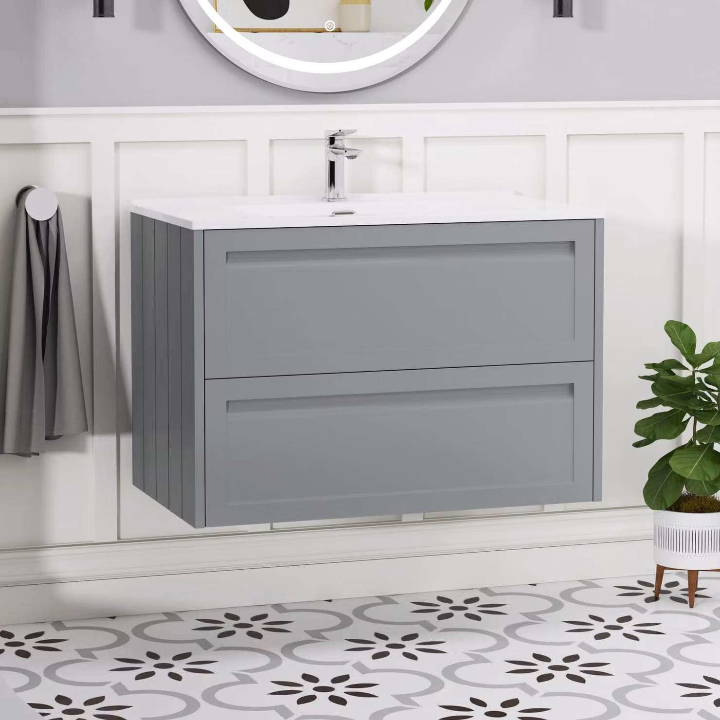 Royal Bathrooms Elmore Traditional Wall Hung 2 Drawer Vanity Unit with Ceramic Basin, Matt Pebble Grey, Width: 80 cm