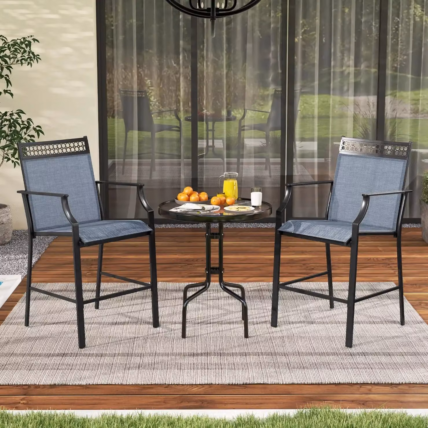 Costway Set of 2 Blue Metal Outdoor Patio Counter Height Chairs with Footrest – 4