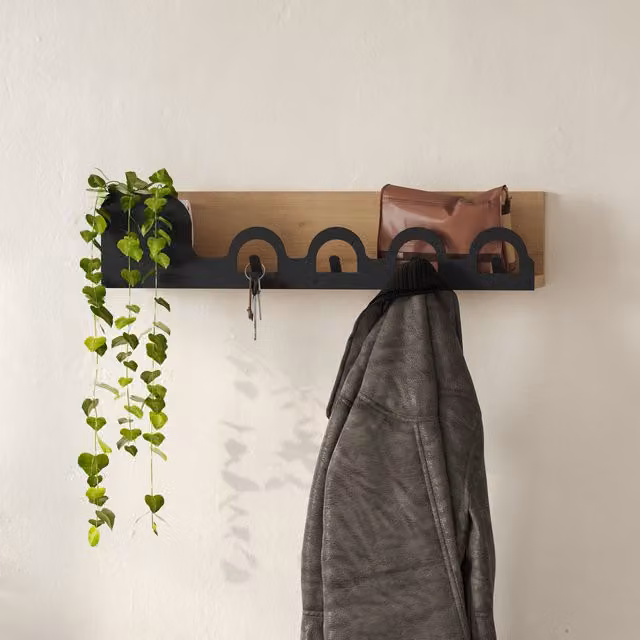 Decortie Liora Modern Hanger Shelf with 4 Hooks in Oak and Black