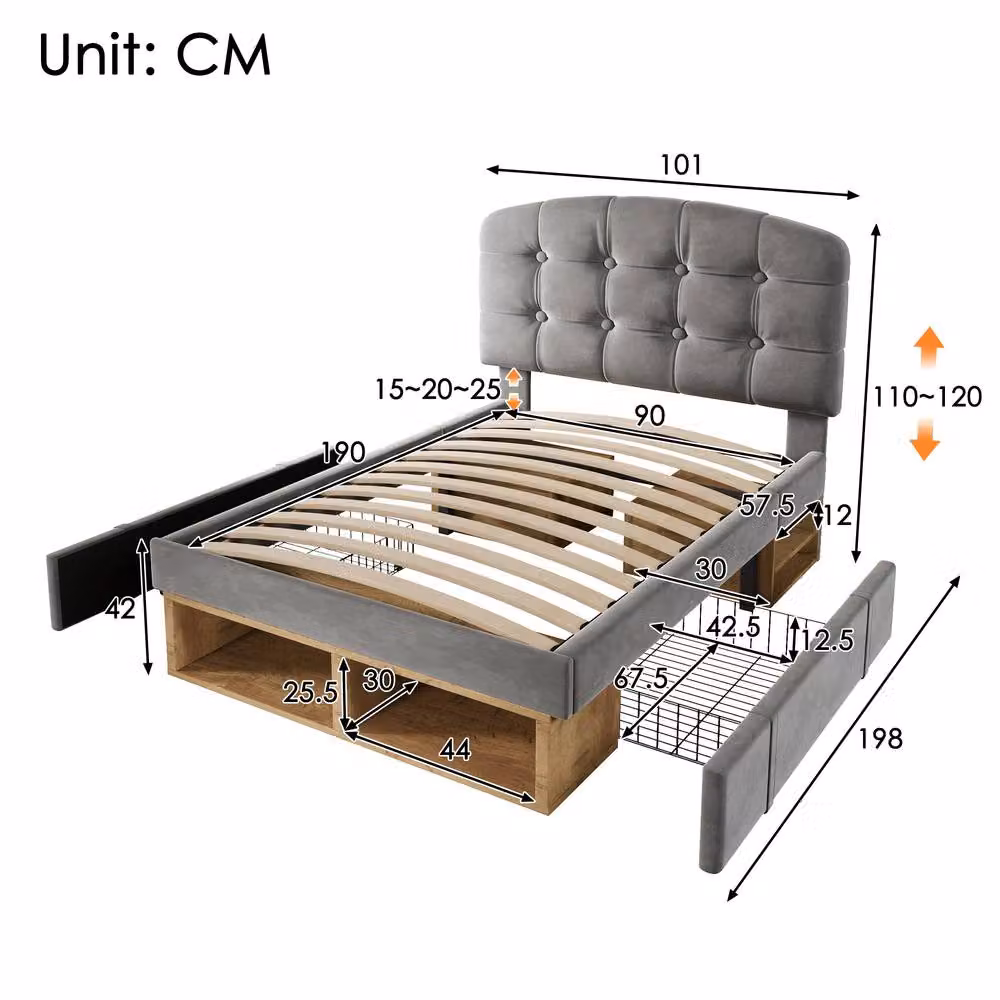 Merax Grey Velvet Upholstered Single Bed with Drawers, W/D/H: 90 x 190 x 101 cm – 2