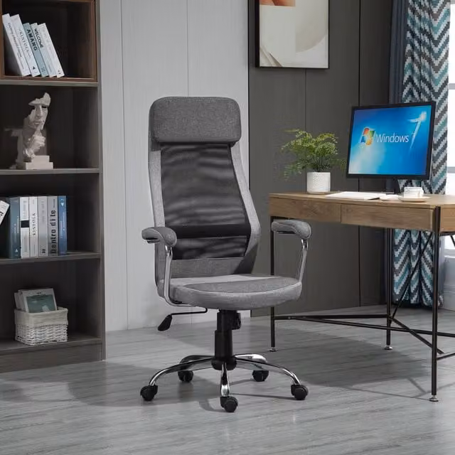 Vinsetto Modern Grey Fabric Task Chair with Headrest, Armrests and Castors