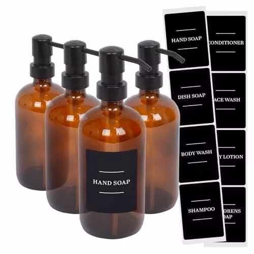 Harbour Housewares Pack of 4 Amber Glass Refillable Soap Dispensers with Pumps and Black Labels, 500ml
