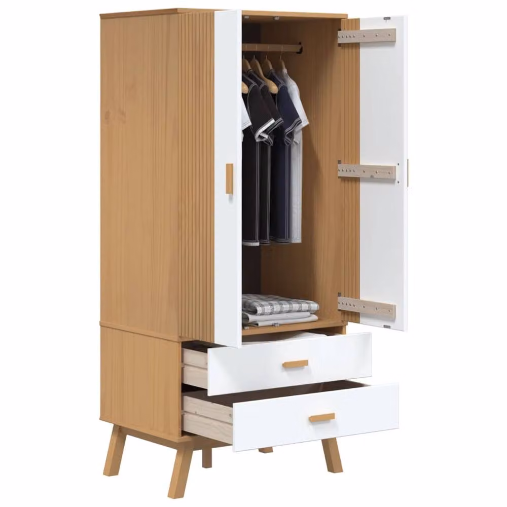 Berkfield Home OLDEN Wardrobe in White and Brown Solid Pine, W/D/H: 76.5 x 53 x 172 cm – 3