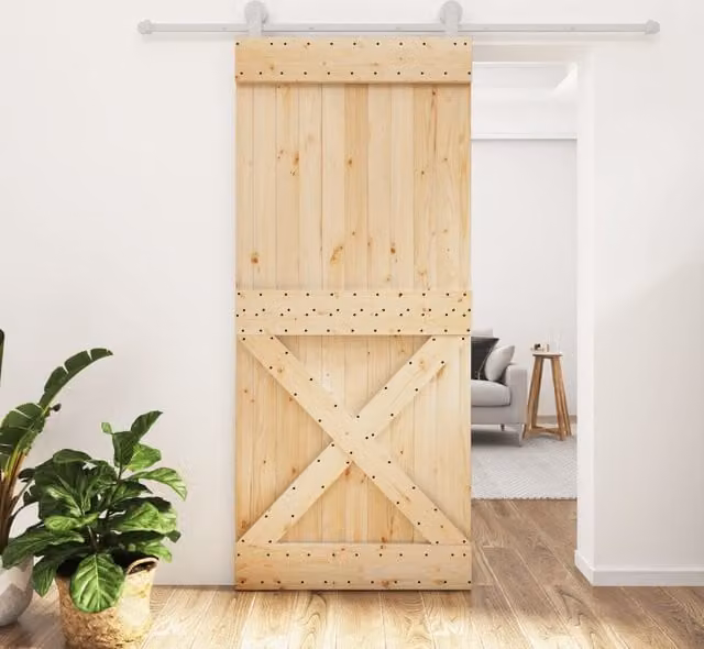 Berkfield Home Rustic Solid Pine Sliding Door with Hardware Set in Brown, W: 90 cm, H: 210 cm