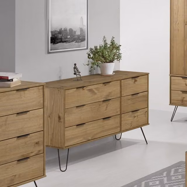 Core Products Augusta Waxed Pine 3 plus 3 Drawer Wide Chest of Drawers in Brown