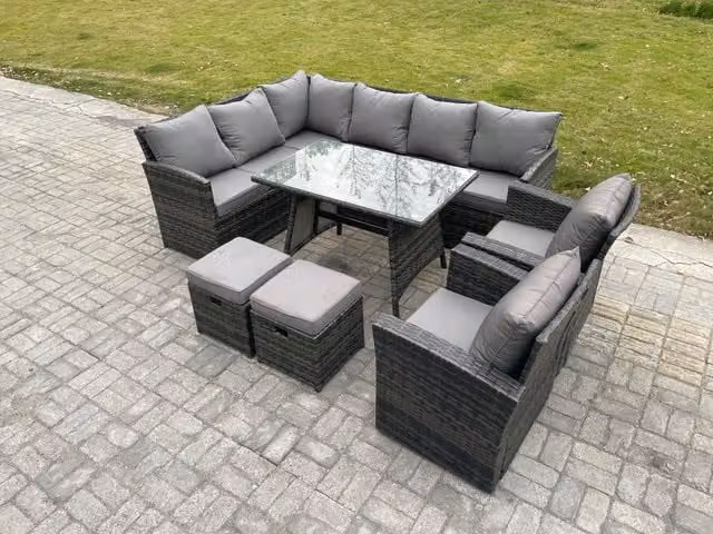 Fimous Rattan Garden Furniture Set in Dark Grey with Corner Sofa, Oblong Dining Table, 2 Armchairs and 2 Small Footstools