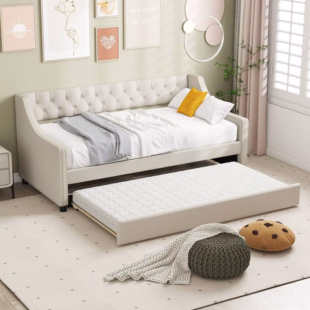 Costway Linen Upholstered Single Size Daybed with Trundle Bed Frame in Beige – 2