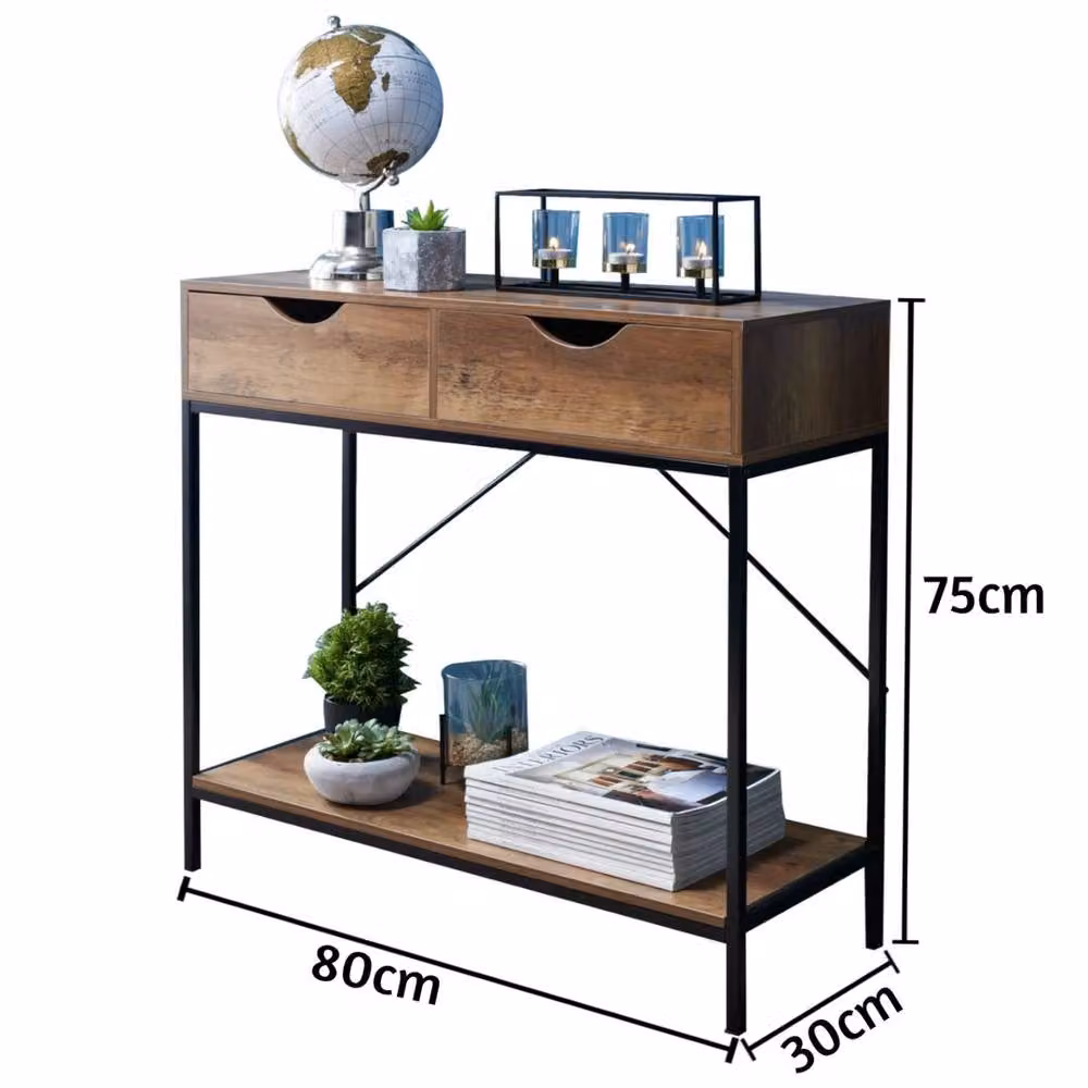 EONLION Industrial Wooden Console Table with 2 Drawers and Shelf in Brown and Black, W: 100 cm, H: 75 cm, D: 30 cm – 2