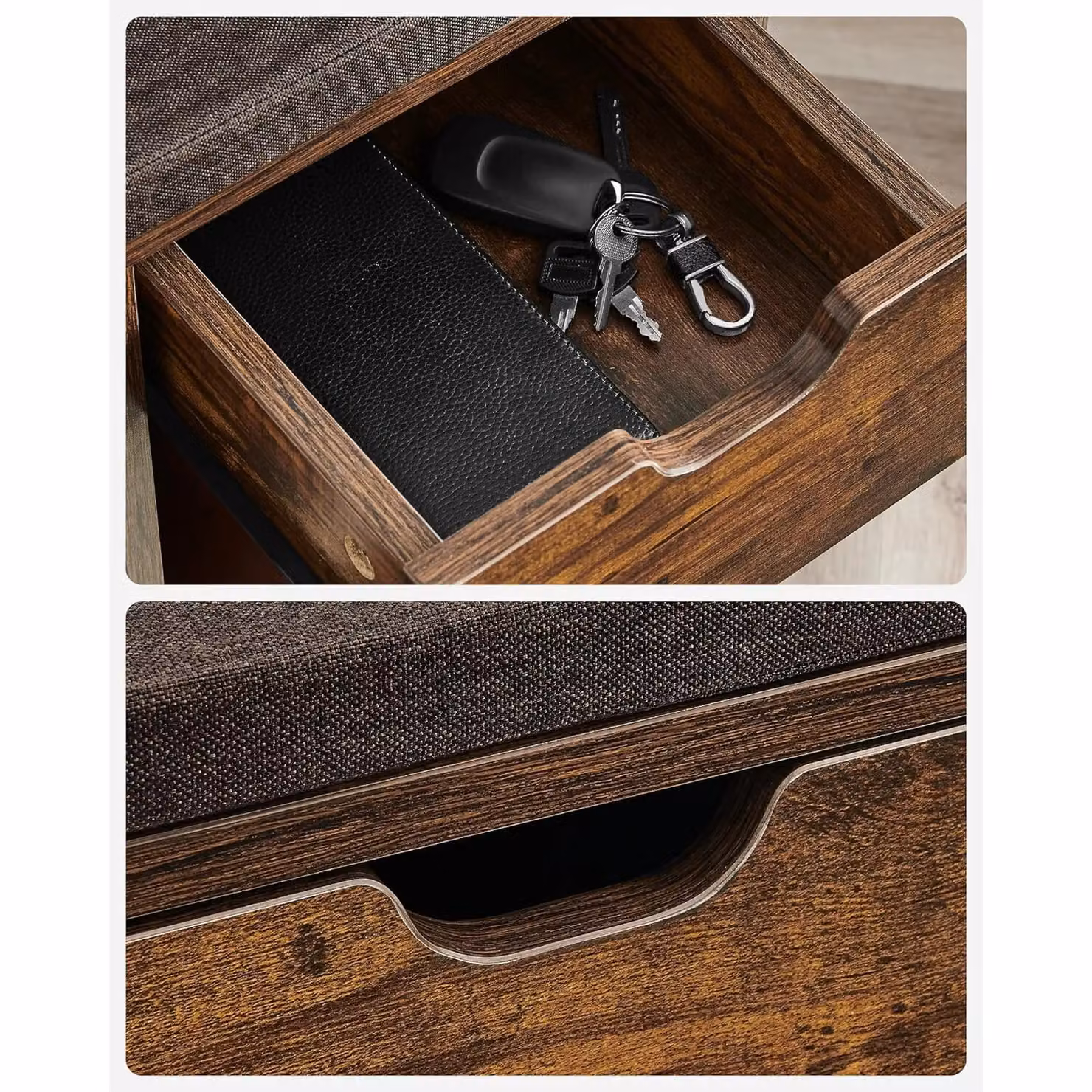 VASAGLE Brown Shoe Storage Bench with Cushion, Drawer and Open Compartments – 3