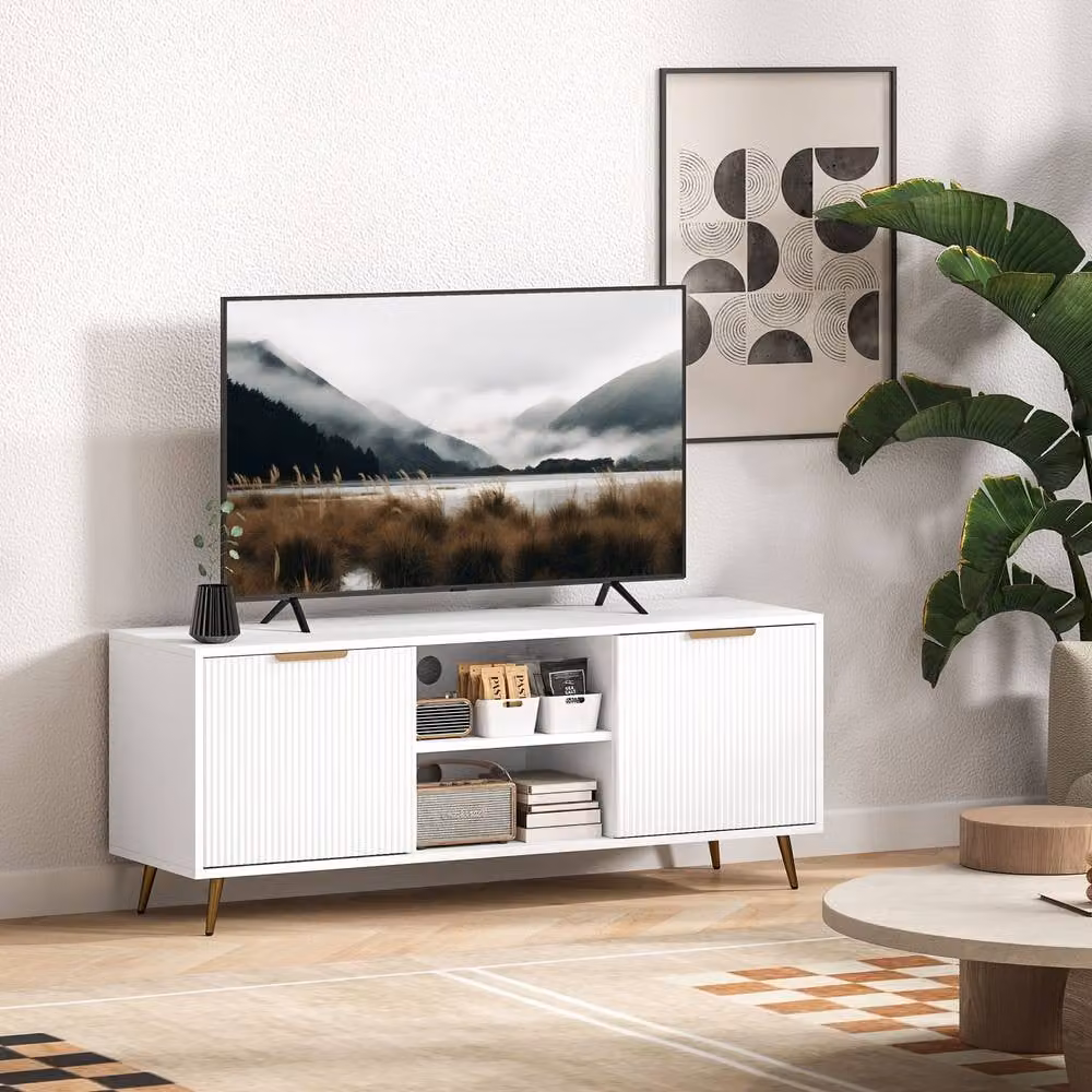 STILVORA Modern White MDF TV Stand with Media Compartments and Grommet for Living Rooms – 2