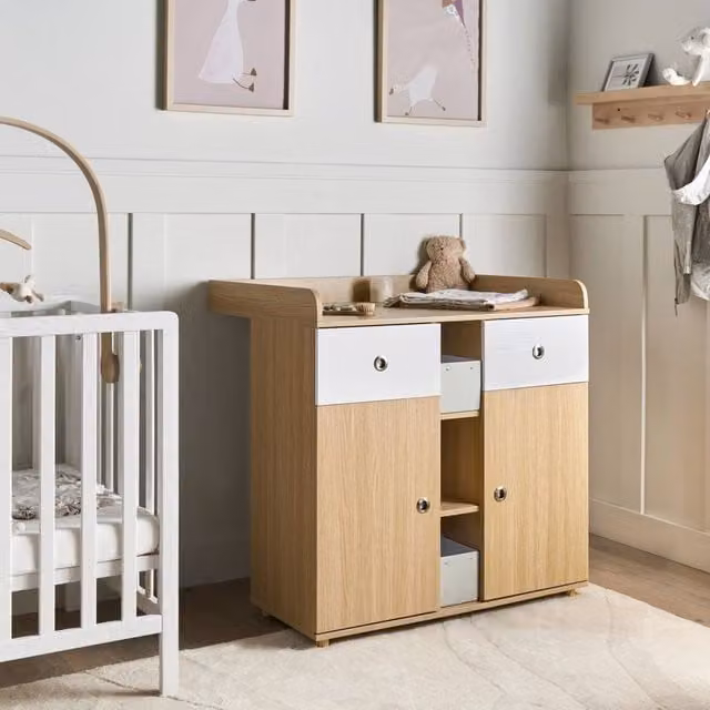 Wyld and Coco Scandinavian Nursery Changing Table Dresser in Light Brown with Shelves and Drawers